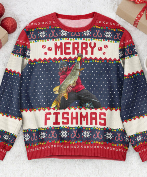 Merry Fishmas Gift for Fishing Lovers - Personalized Photo Ugly Sweater